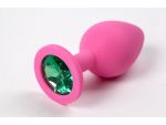 Розовая силиконовая анальная пробка с зеленым стразом - 8,2 см. #52283