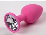 Розовая силиконовая анальная пробка с прозрачным стразом - 7,1 см. #52285