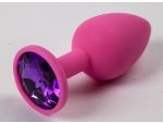 Розовая силиконовая анальная пробка с фиолетовым стразом - 7,1 см. #52289