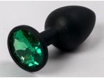 Черная силиконовая анальная пробка с зеленым стразом - 7,1 см. #52300