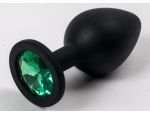 Черная силиконовая анальная пробка с зеленым стразом - 8,2 см. #52301