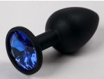Черная силиконовая анальная пробка с синим стразом - 7,1 см. #52305