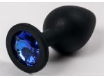 Черная силиконовая анальная пробка с синим стразом - 8,2 см. #52306