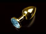Маленькая золотистая анальная пробка с круглым кончиком и голубым кристаллом - 7 см. #56273