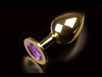Большая золотая анальная пробка с закругленным кончиком и фиолетовым кристаллом - 9 см. #56282