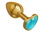 Золотистая анальная втулка с голубым кристаллом-сердцем - 7 см. #79123