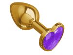 Золотистая анальная втулка с фиолетовым кристаллом-сердцем - 7 см. #80355
