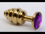 Золотистая рифлёная пробка с фиолетовым стразом - 8,2 см. #80517