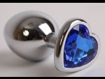 Серебристая анальная пробка с синим кристаллом-сердцем - 9 см. #80541