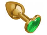 Золотистая анальная втулка с зеленым кристаллом-сердцем - 7 см. #86942